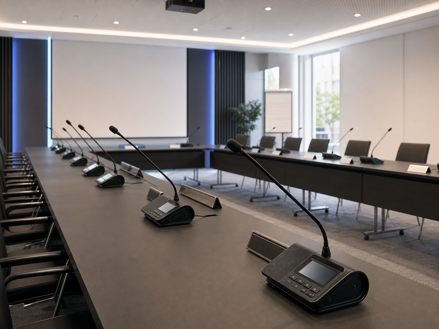 Konferenzraum mit U-Form-Tischen und Sprechstellen